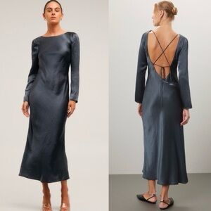 Third Form Crush Midi Dress Open Back Crisscross Ties in Gray Hammered Satin 2